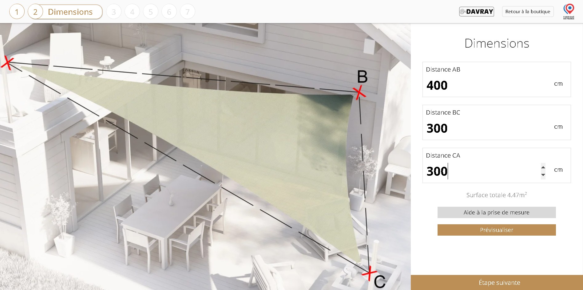 étape 2 du configurateur voile d'ombrage